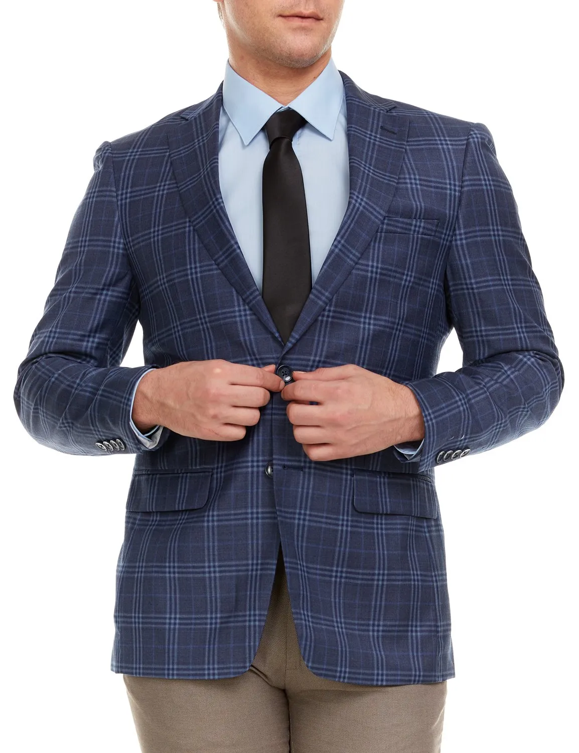 Adam Baker Men's Single Breasted 100% Wool Ultra Slim Fit Blazer/Sport Coat - Navy Blue Plaid