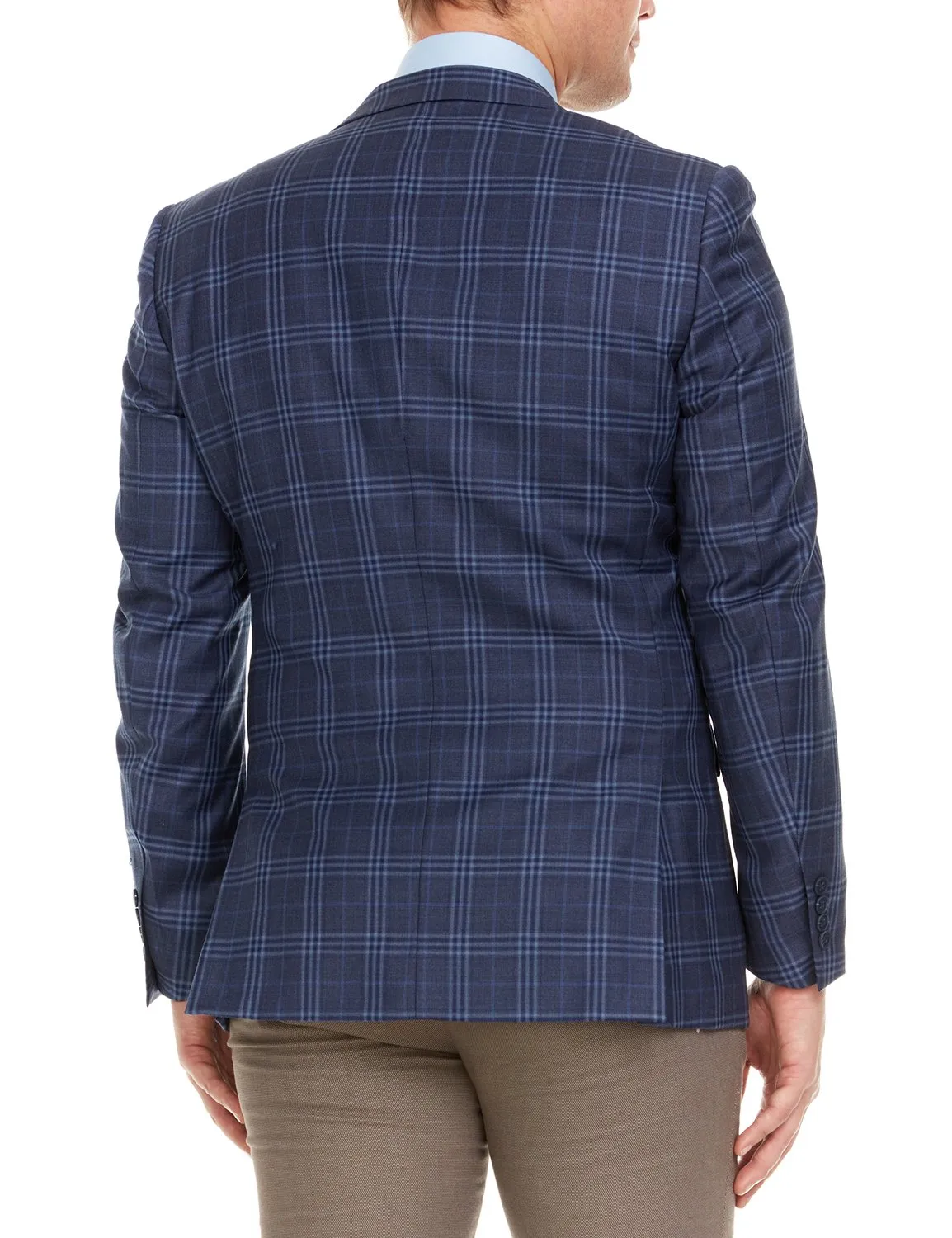 Adam Baker Men's Single Breasted 100% Wool Ultra Slim Fit Blazer/Sport Coat - Navy Blue Plaid