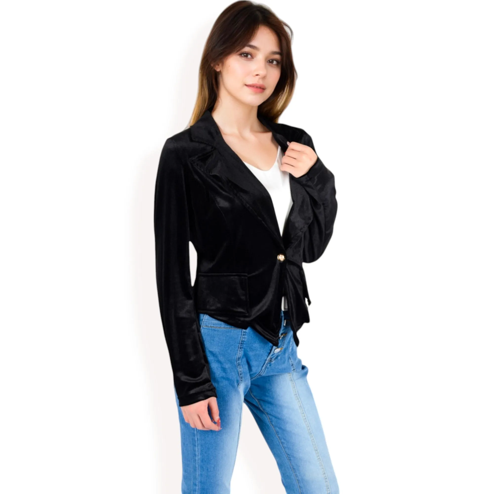 Anna-Kaci Women's Velvet Blazer with Single Button Closure