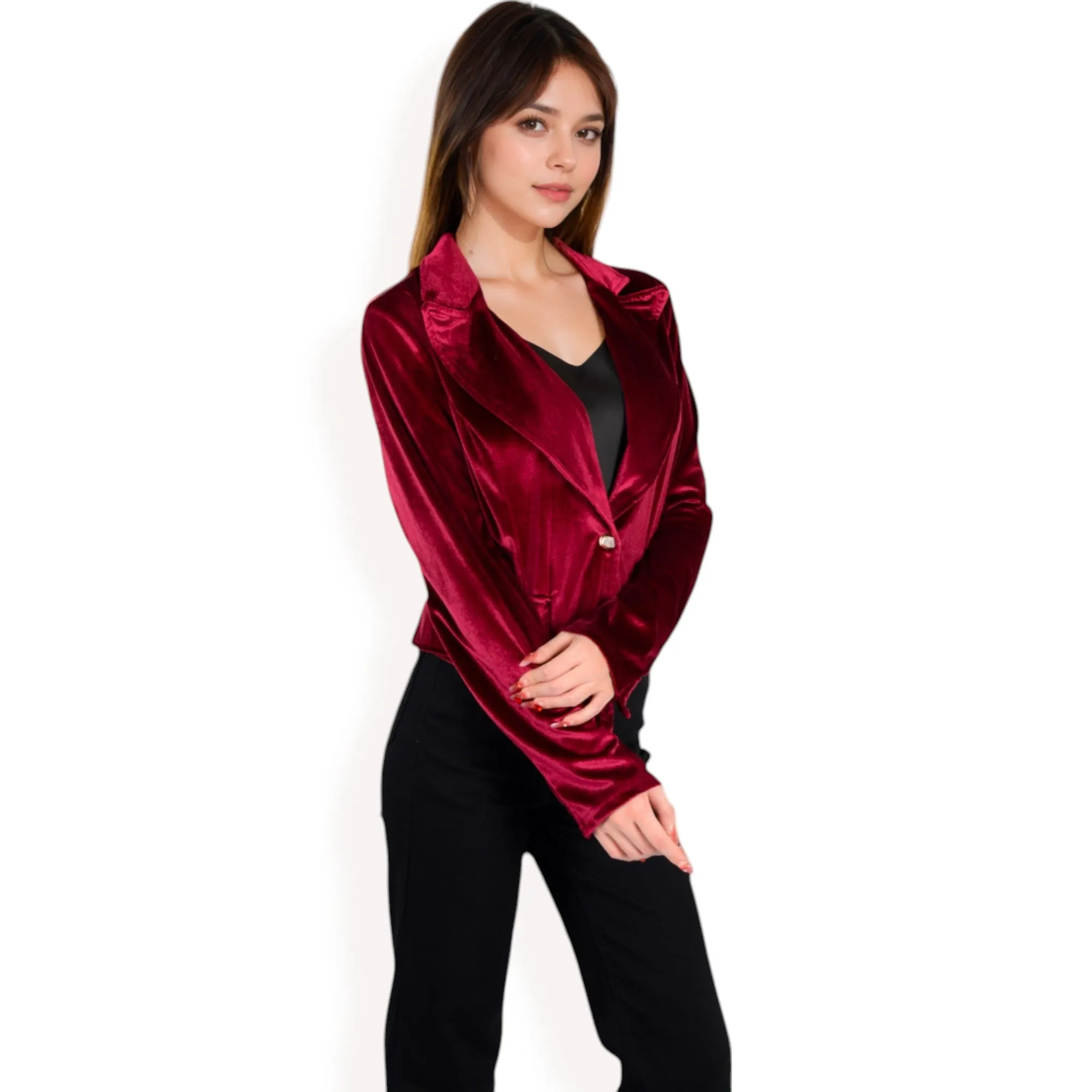 Anna-Kaci Women's Velvet Blazer with Single Button Closure