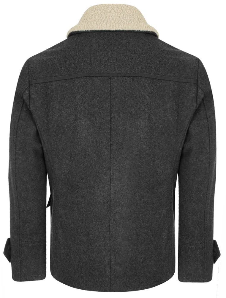 Avonte Wool Rich Double Breasted Coat with Borg Collar in Charcoal Marl - Tokyo Laundry