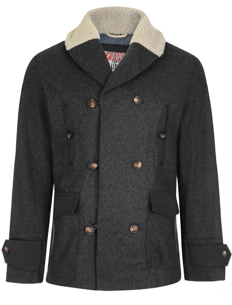 Avonte Wool Rich Double Breasted Coat with Borg Collar in Charcoal Marl - Tokyo Laundry