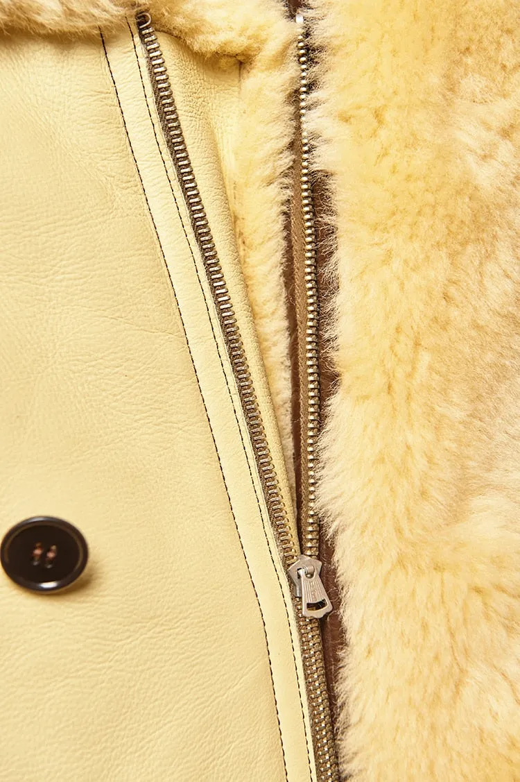 Beige Genuine Leather Shearling Fur Lining Long Coat Parkas