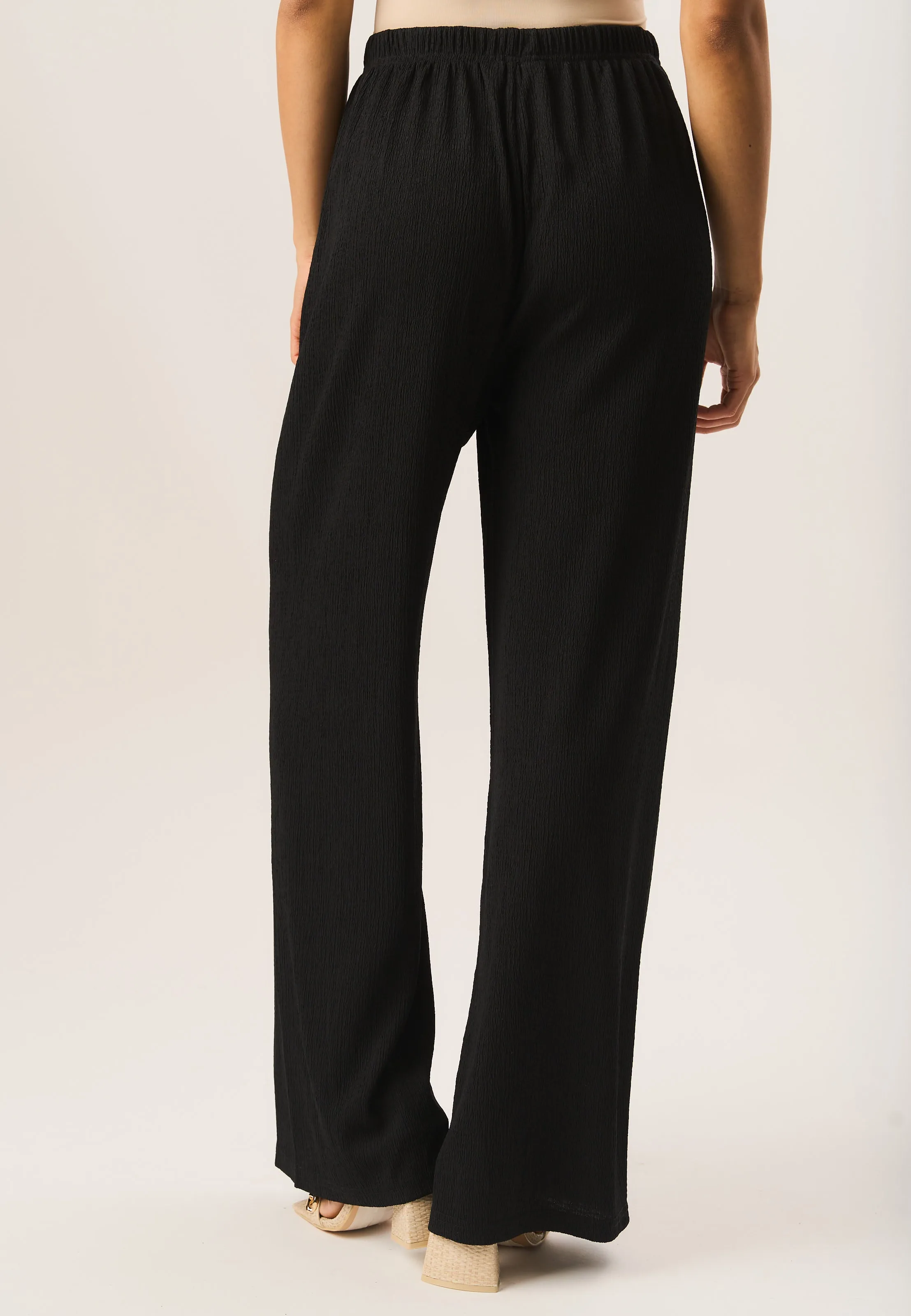 Black Textured Pull On Wide Leg Trousers