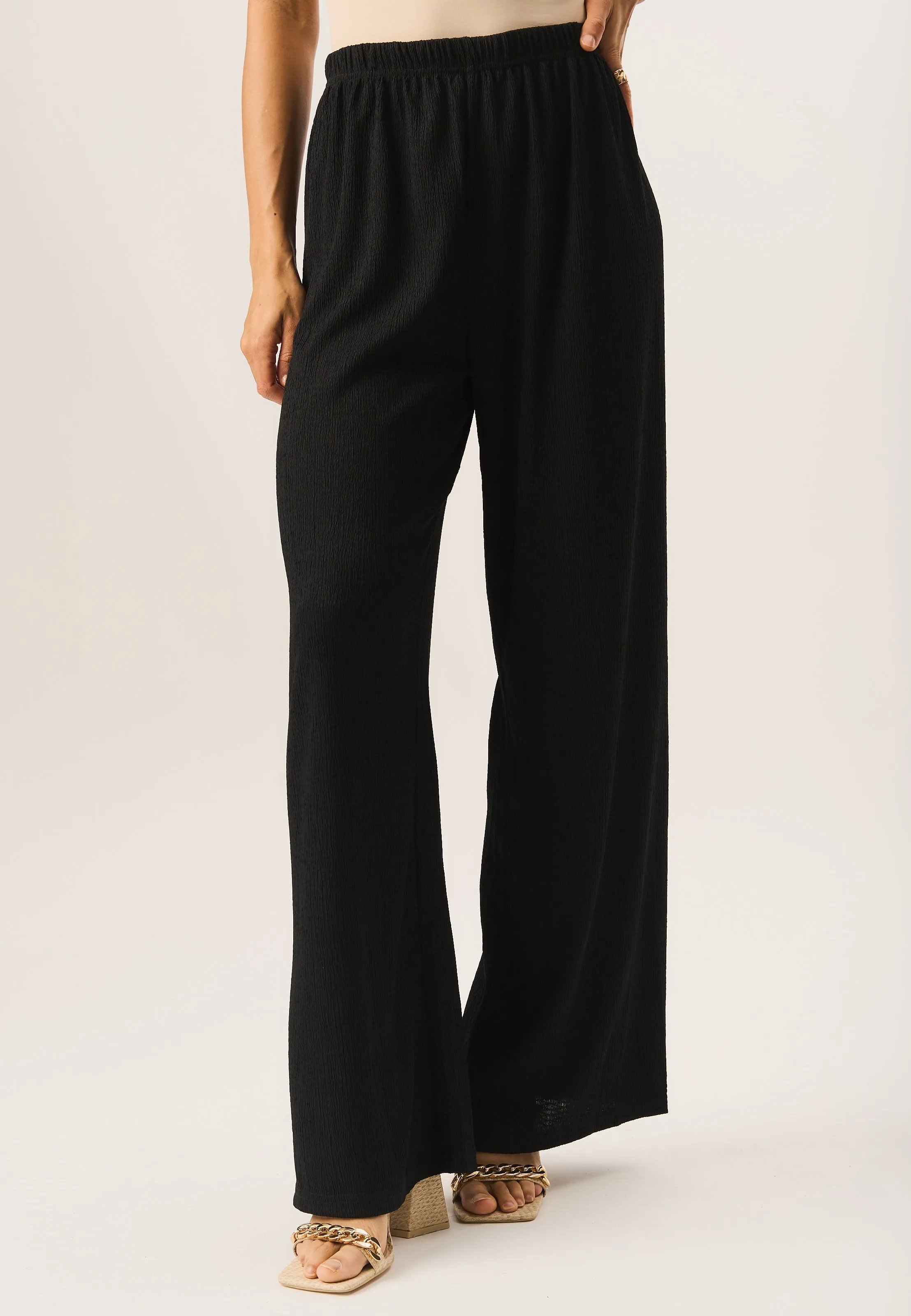 Black Textured Pull On Wide Leg Trousers