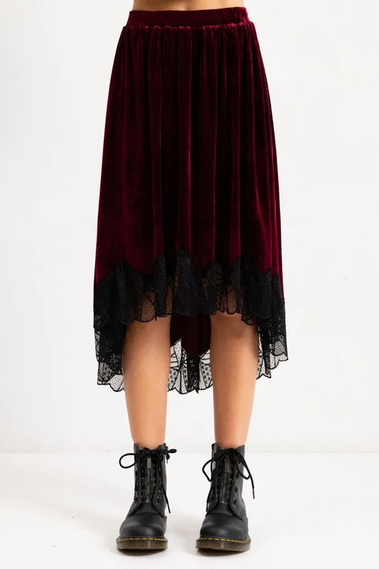 Burgundy Velvet Elastic Waistband Hi-Low Midi Skirt W Lace