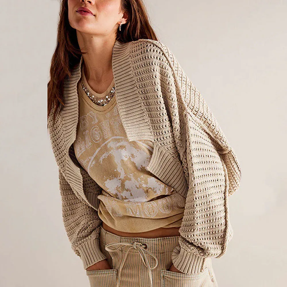 Casual Ribbed Knit Notch Open Front Sleeved Oversized Cocoon Cardigan