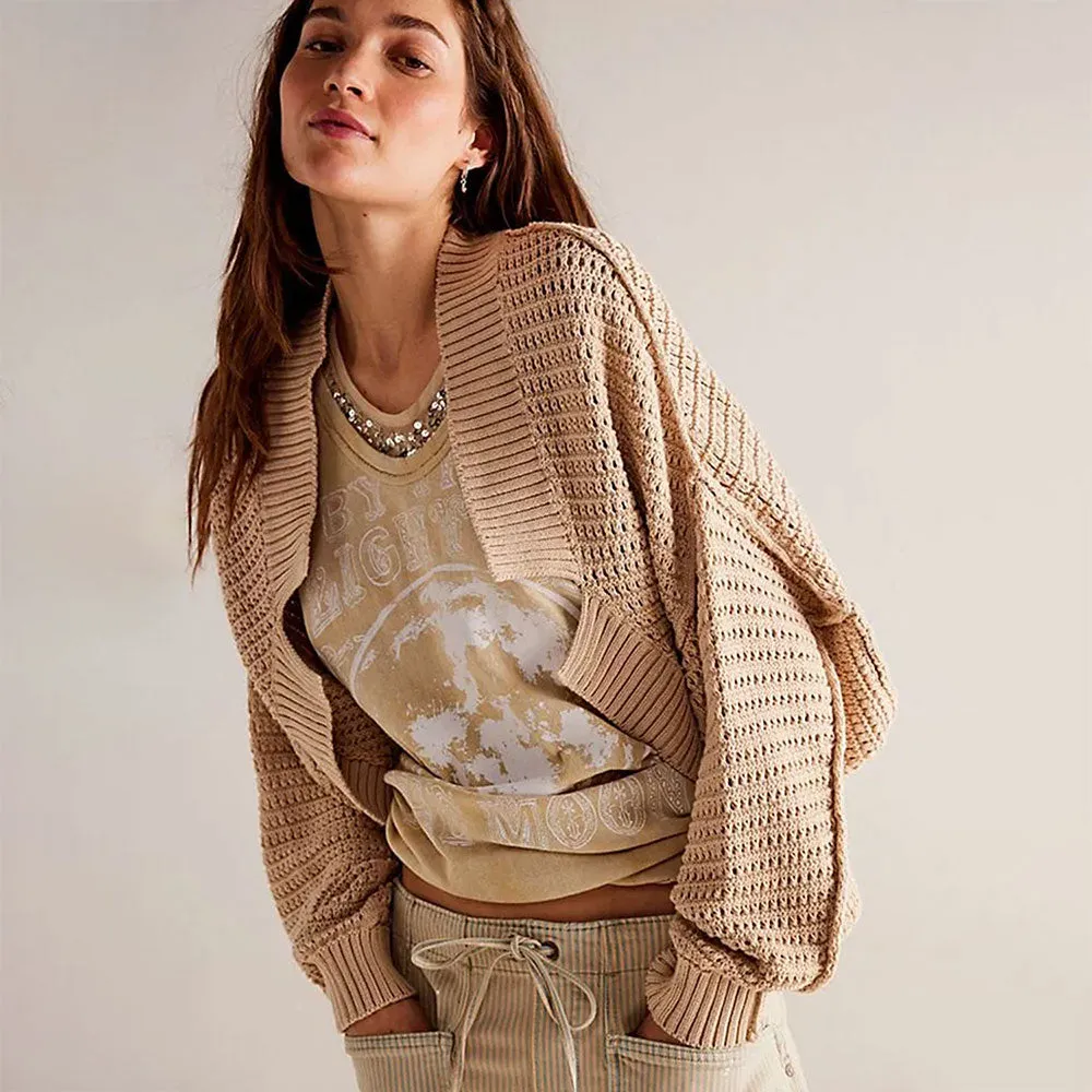 Casual Ribbed Knit Notch Open Front Sleeved Oversized Cocoon Cardigan