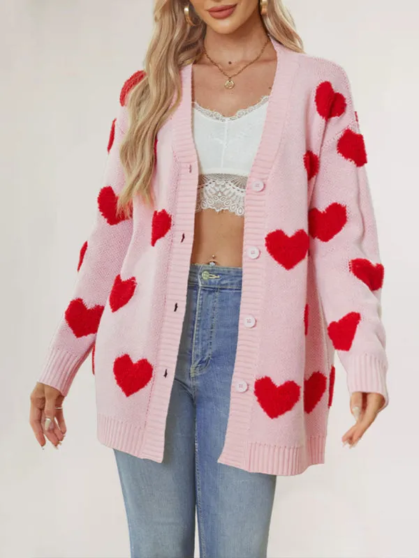 Casual Valentine's Day Heart Patterned Sweater