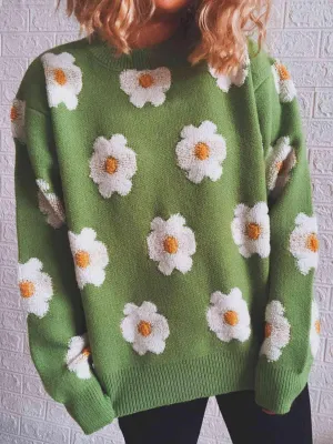 Charming Floral Long Sleeve Knit Sweater