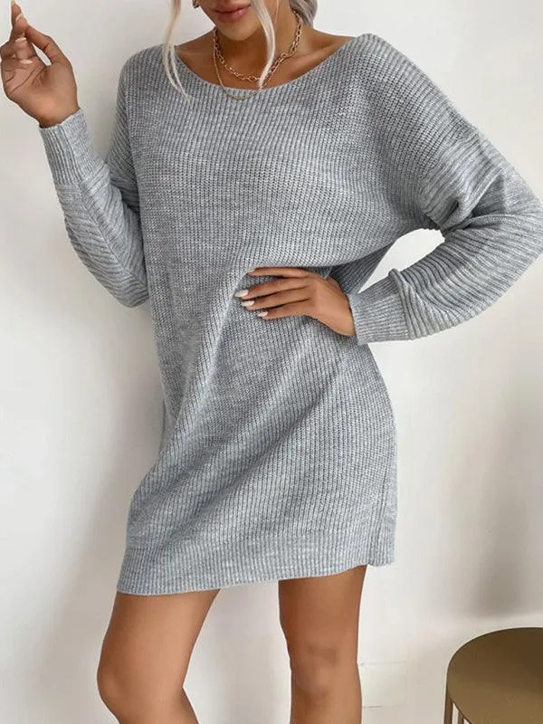 Chic Heather Grey Knit Long Sleeve Dress for Women - Essential Winter Fashion Piece