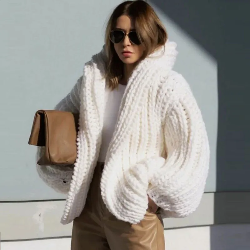 Chic Oversized Puff Sleeve Hand Knit Chunky Yarn Hooded Cardigan