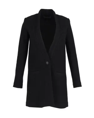 Collarless Black Wool Coat with Single-Button Fastening