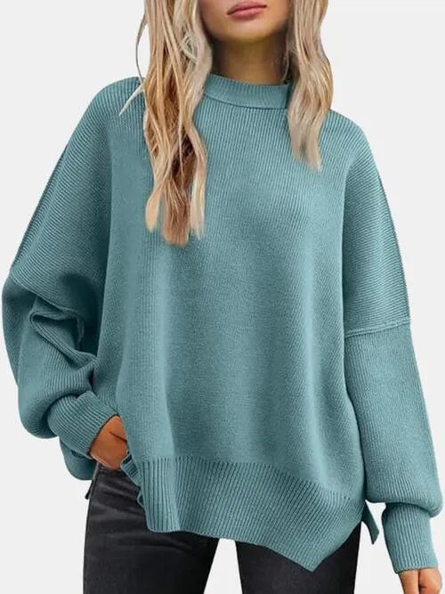 Cozy Chic Slit Accent Drop Shoulder Sweater