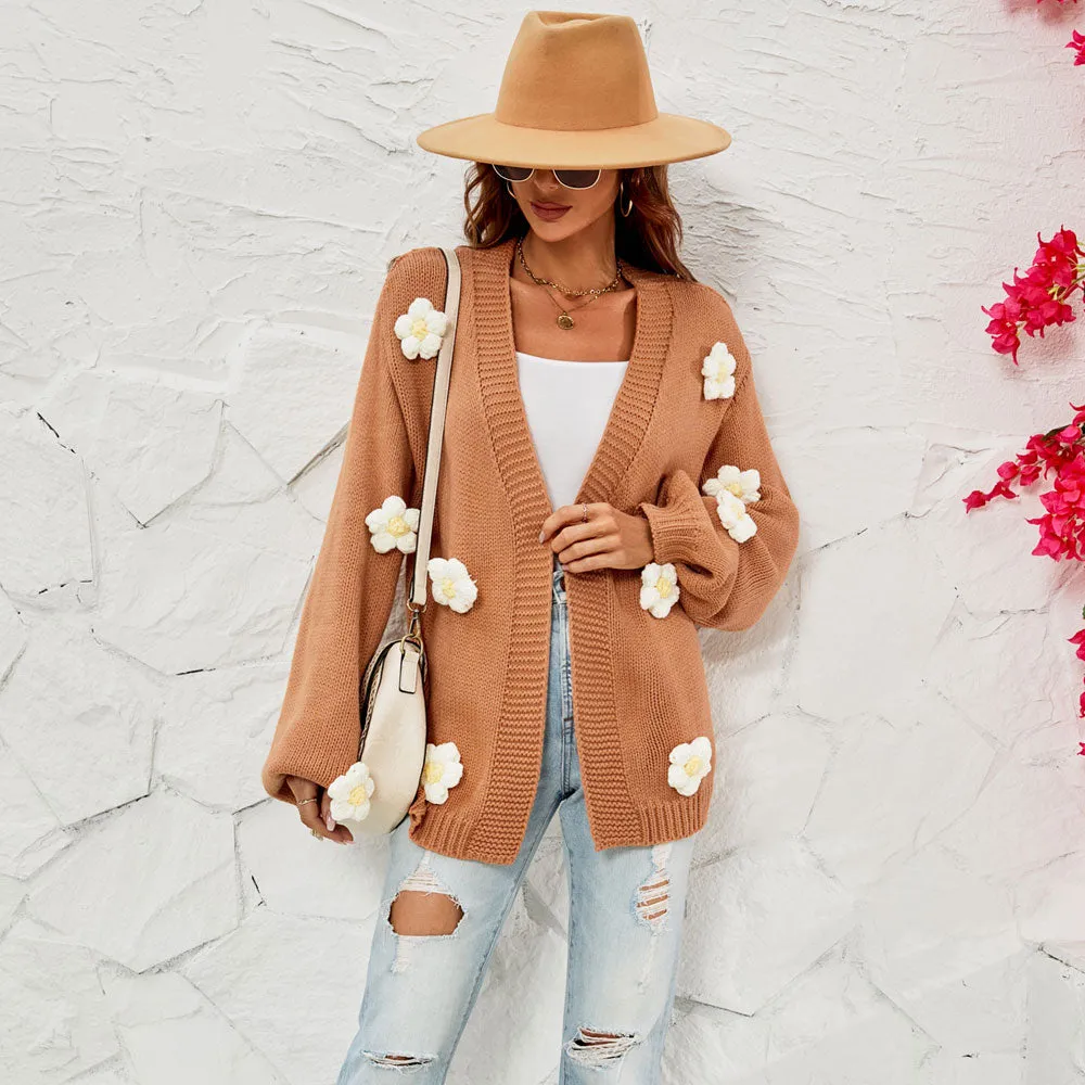 Cute Floral Appliqué Long Sleeve Open Front Camel Knit Cardigan