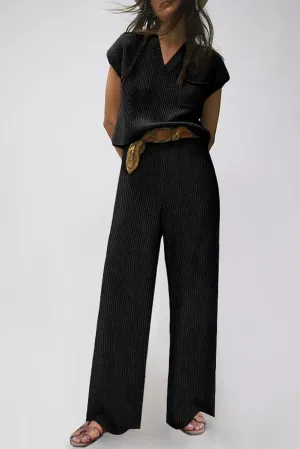 Effortless Elegance: Cozy Black Knit V Neck Sweater and Wide Leg Pants Set