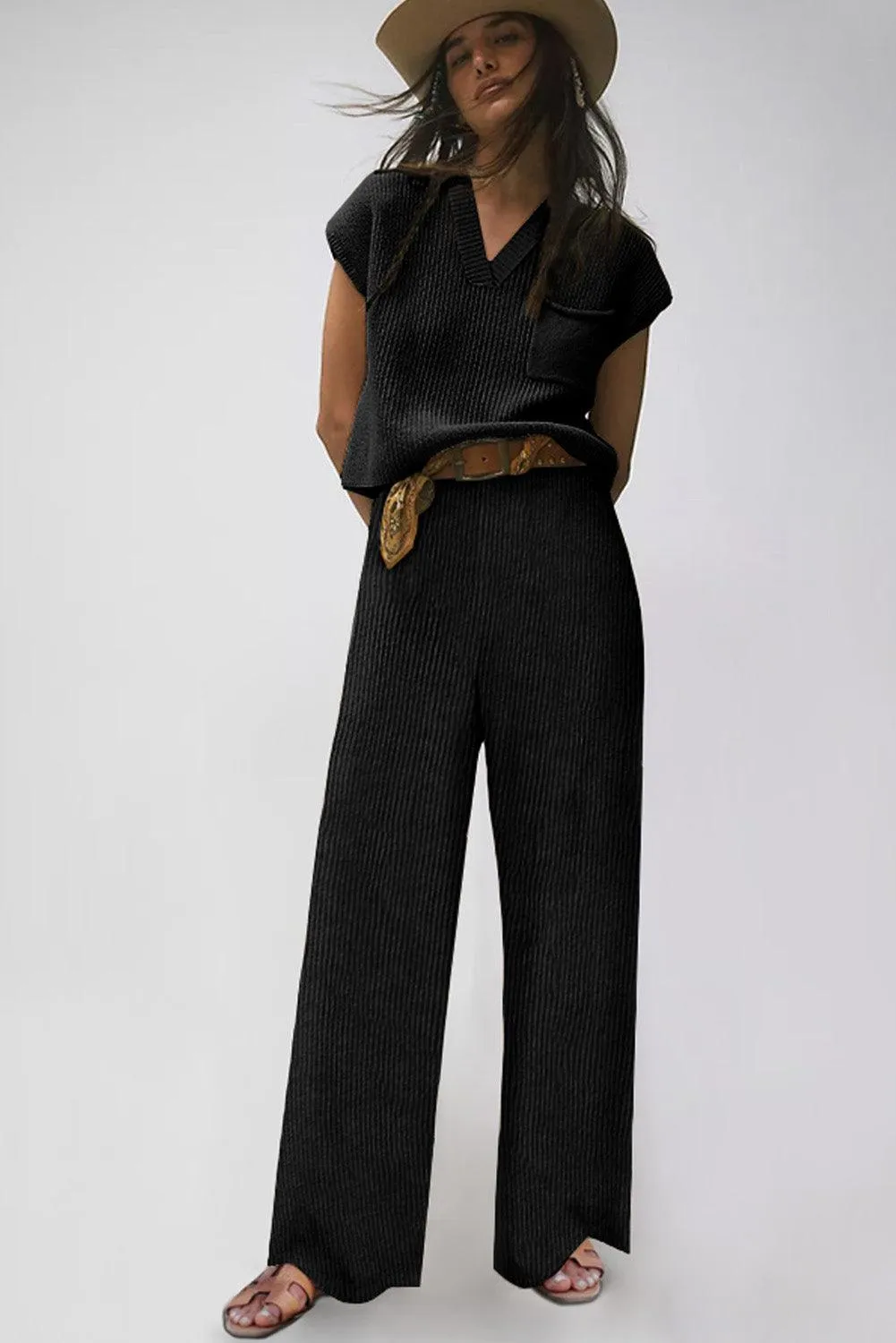 Effortless Elegance: Cozy Black Knit V Neck Sweater and Wide Leg Pants Set