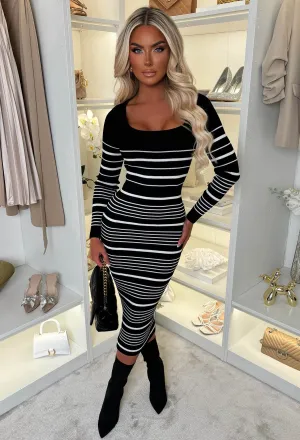 Evelyne Black Stripe Knitted Midi Dress