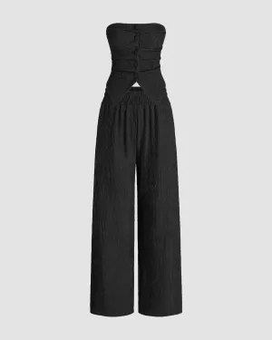 Front Button Tube Top & Wide Leg Pant In Black