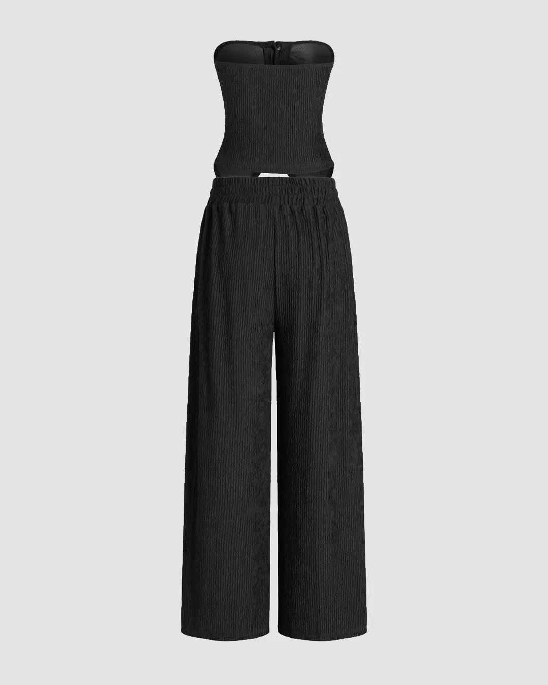 Front Button Tube Top & Wide Leg Pant In Black