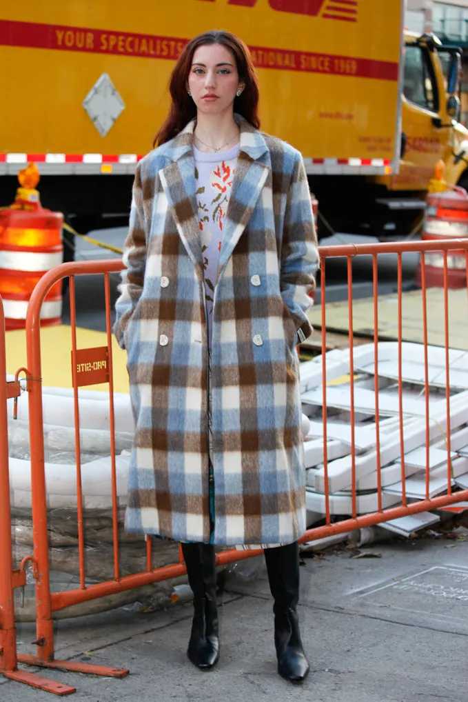 Heavy Wool Blue Brown Plaid Coat