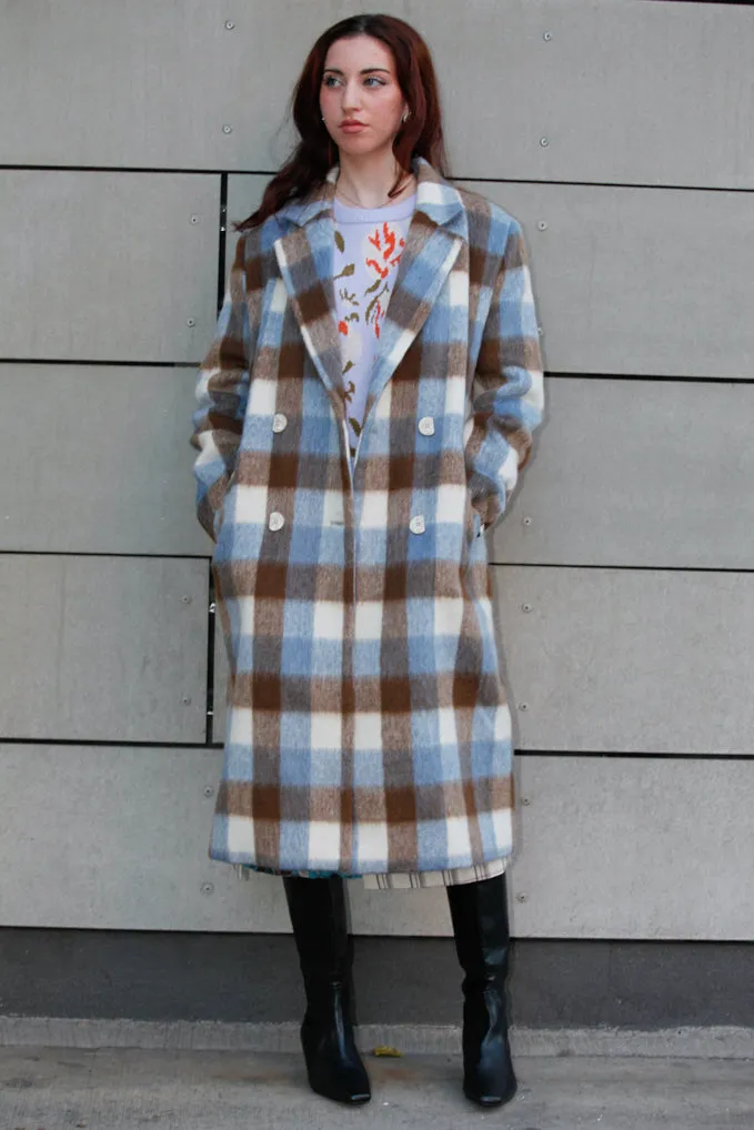 Heavy Wool Blue Brown Plaid Coat