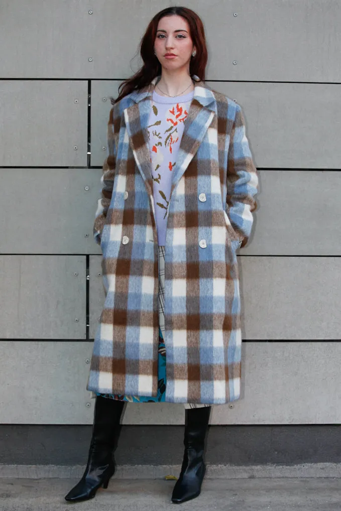 Heavy Wool Blue Brown Plaid Coat