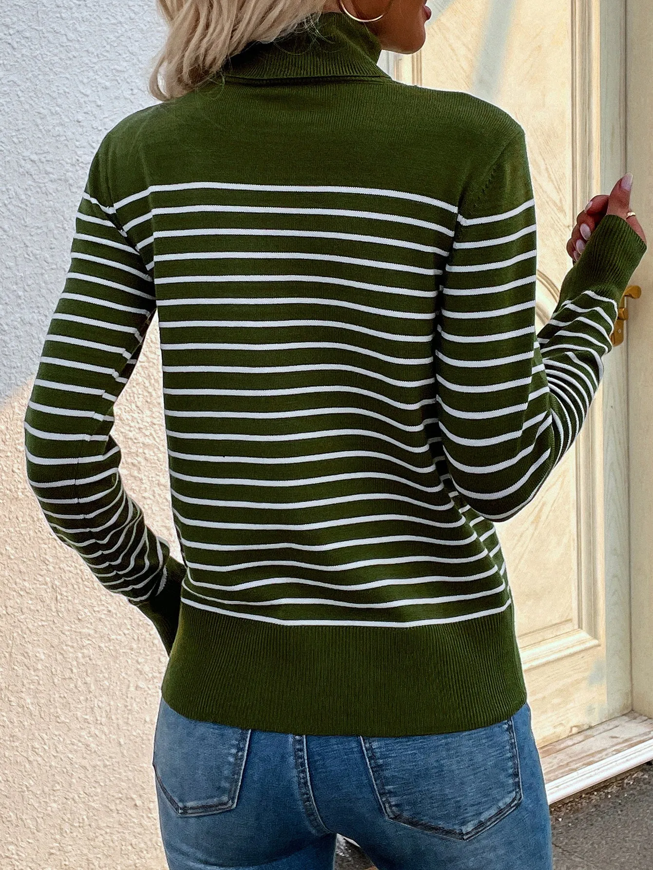 High Neck Striped Pullover Sweater