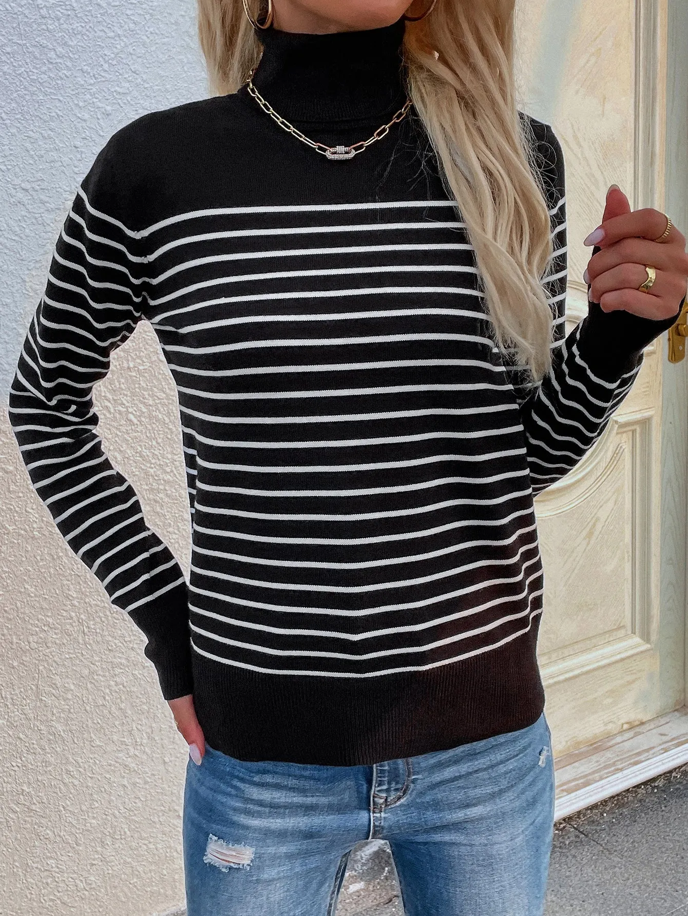 High Neck Striped Pullover Sweater