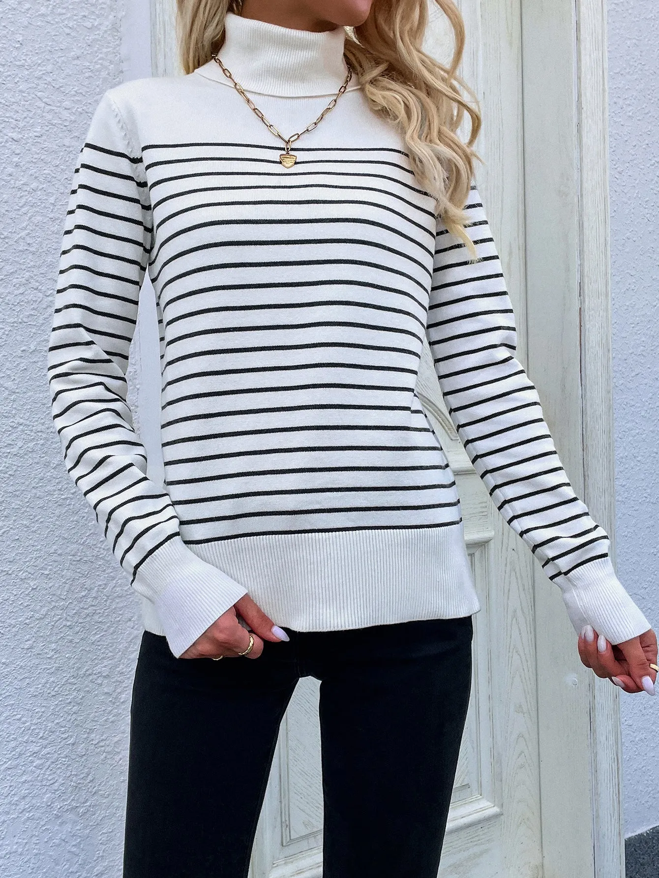 High Neck Striped Pullover Sweater