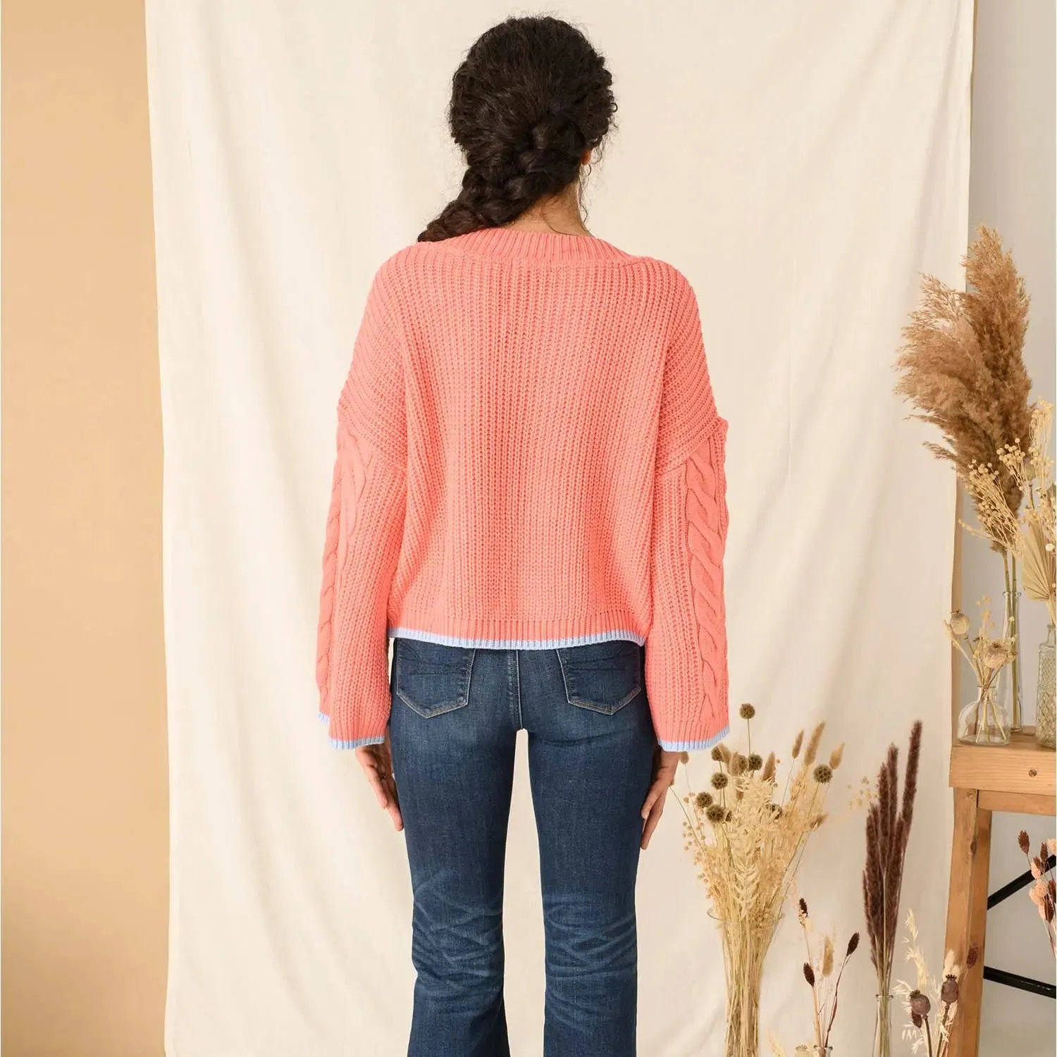 Katrina Cable v Neck Jumper - Coral