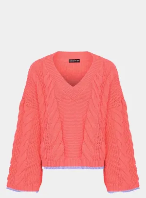 Katrina Cable v Neck Jumper - Coral