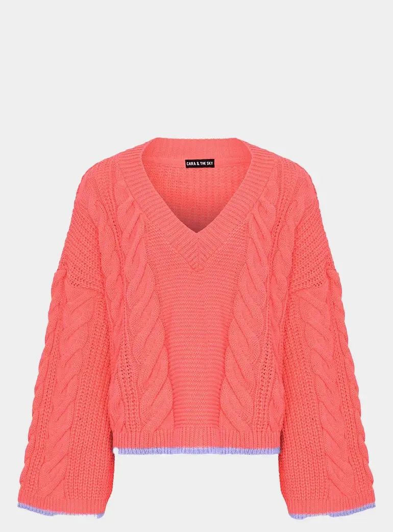 Katrina Cable v Neck Jumper - Coral