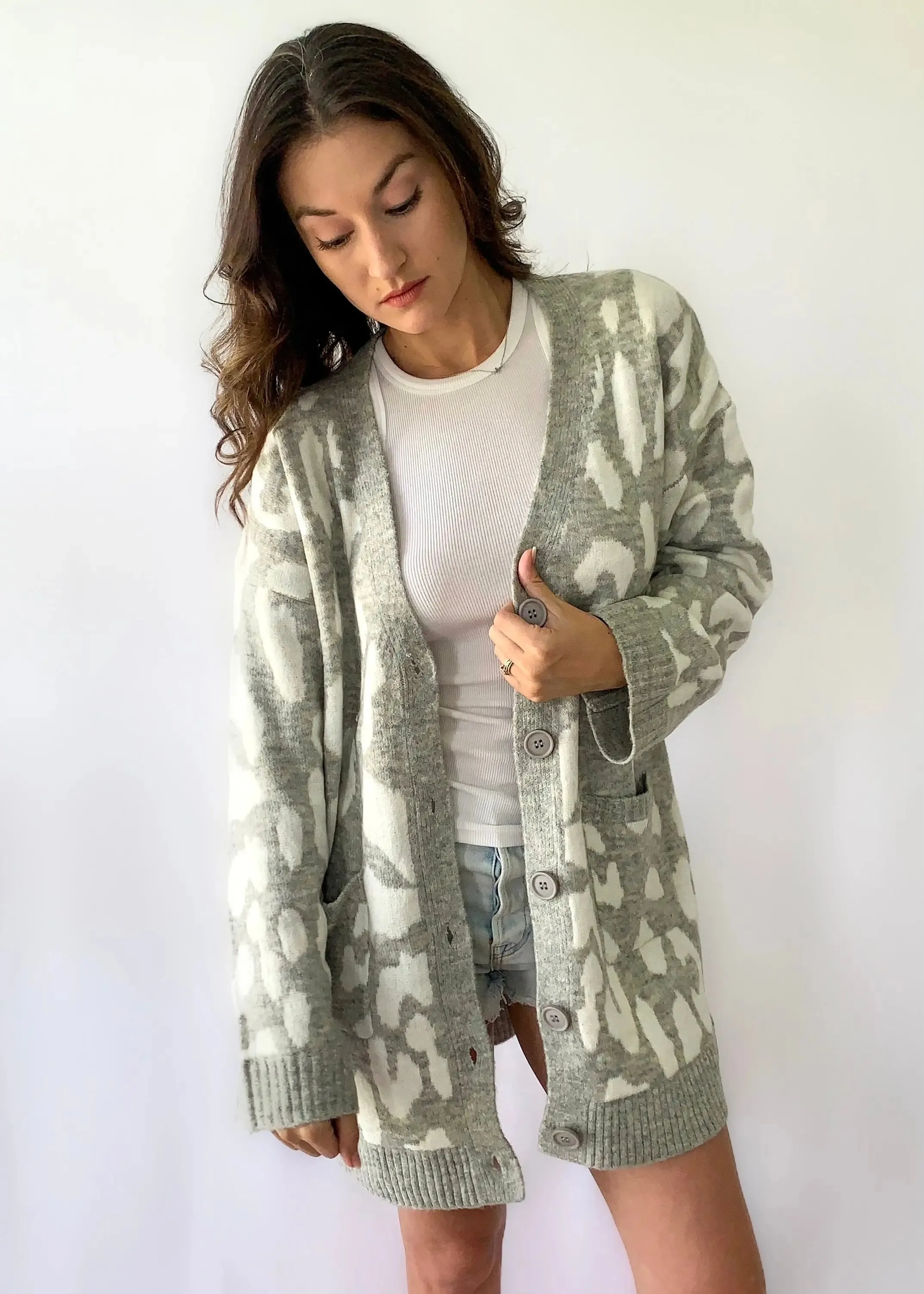 Leopard Print Grey Soft Knit Cardigan