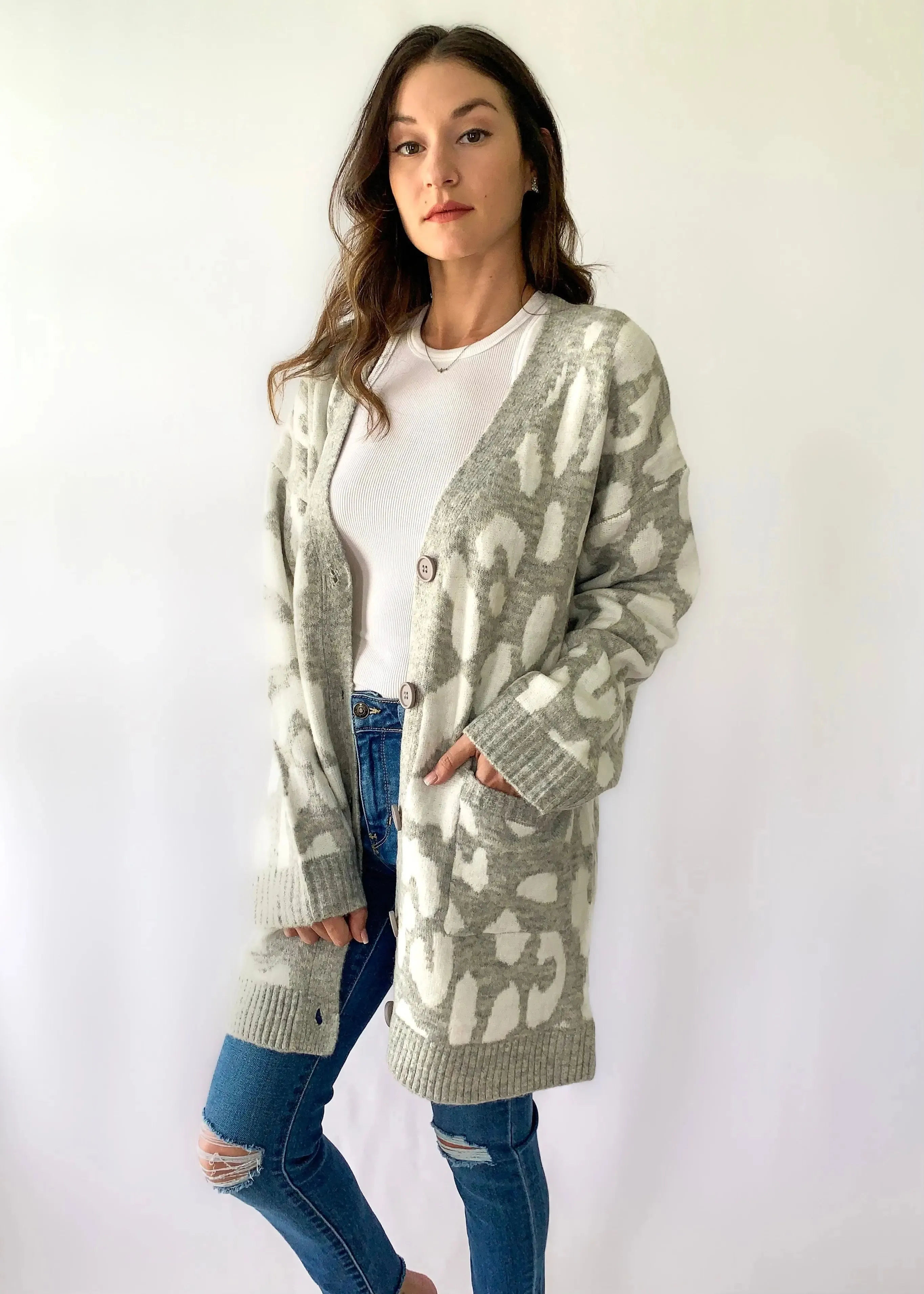 Leopard Print Grey Soft Knit Cardigan