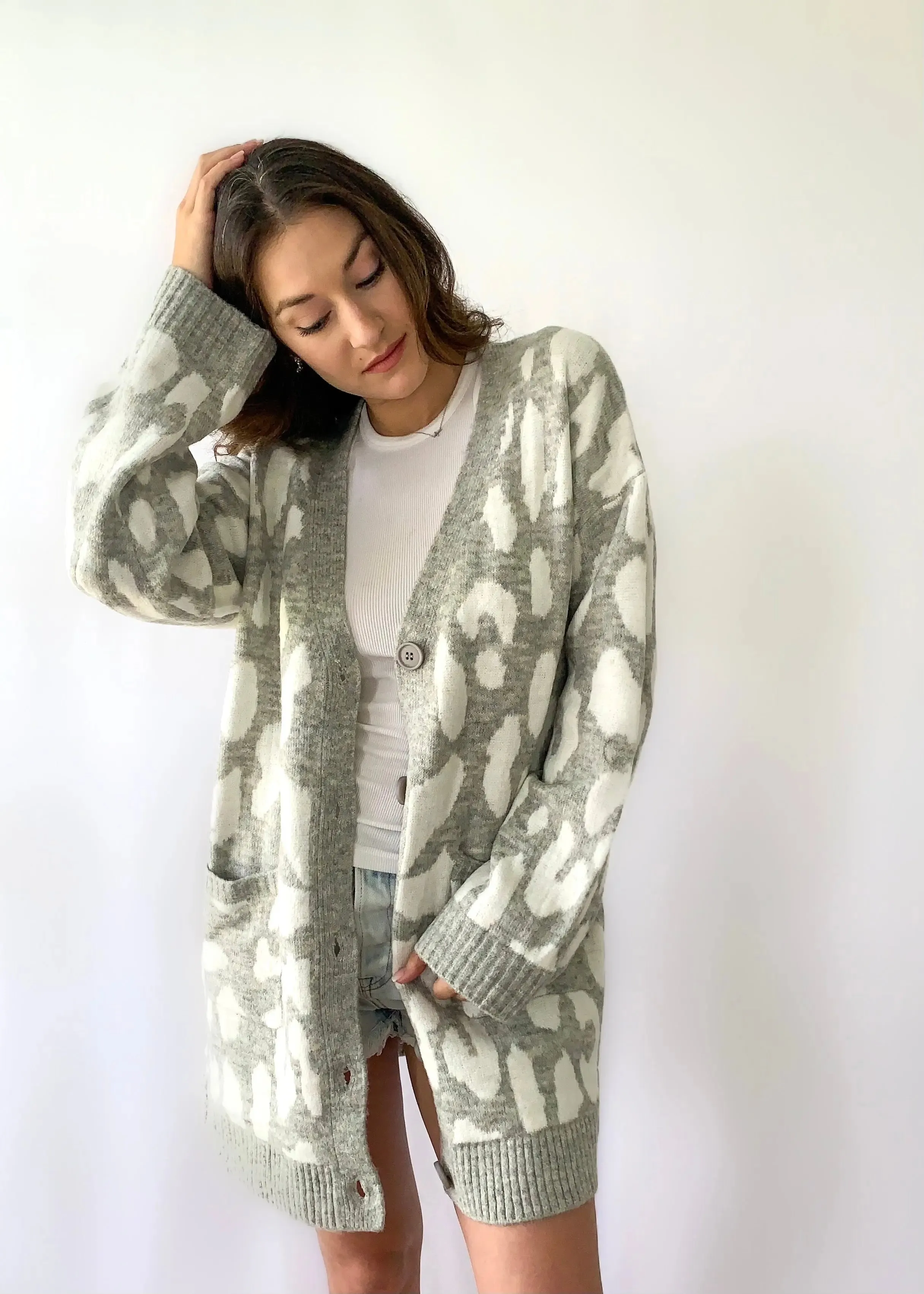 Leopard Print Grey Soft Knit Cardigan