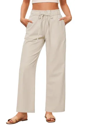 Light Khaki Women's Comfortable Cool-Touch Drawstring Full-Length Lightweight Wide Leg Trousers