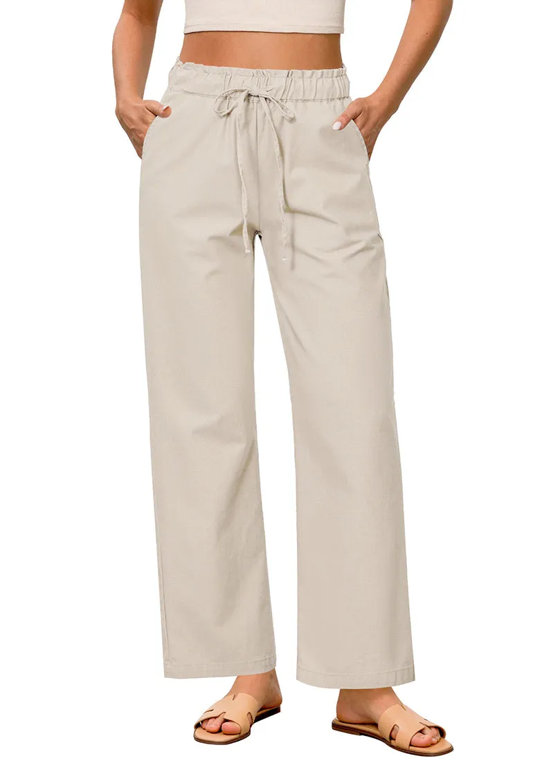 Light Khaki Women's Comfortable Cool-Touch Drawstring Full-Length Lightweight Wide Leg Trousers