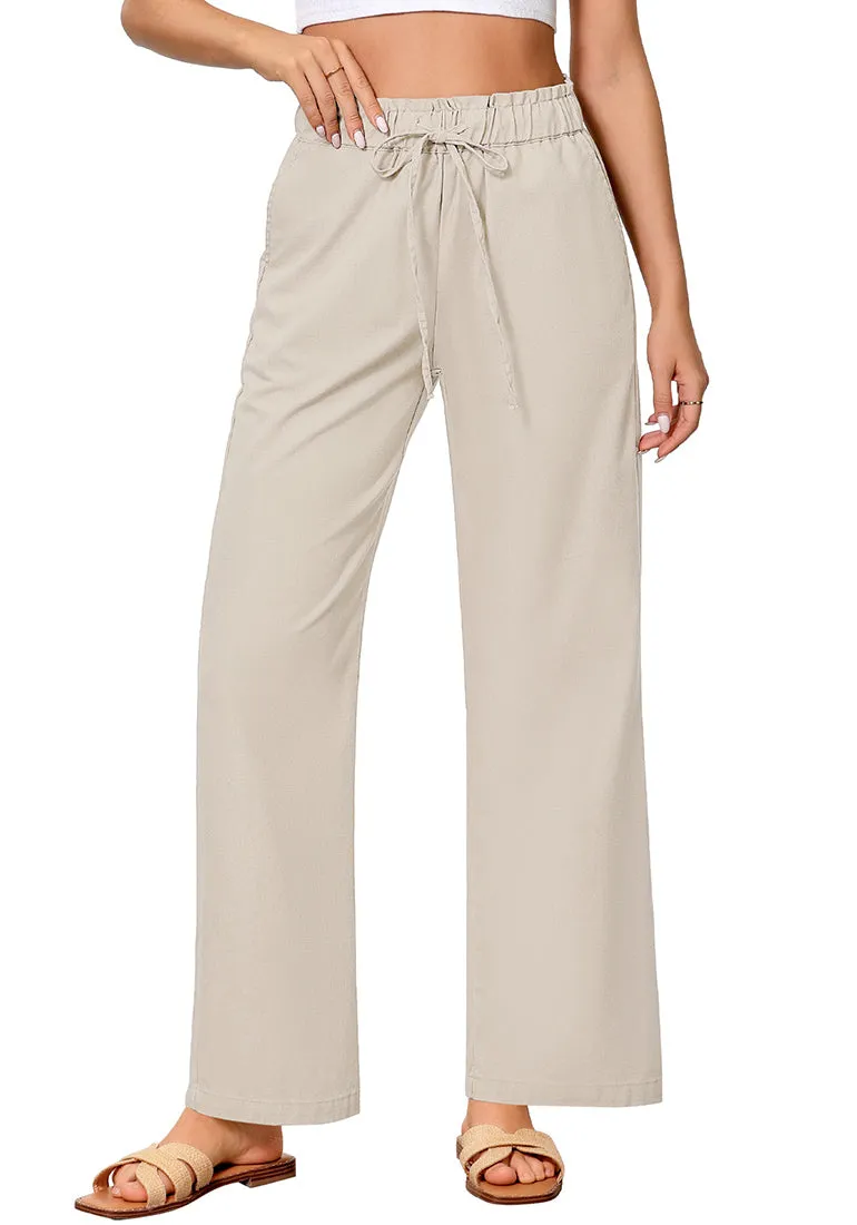 Light Khaki Women's Comfortable Cool-Touch Drawstring Full-Length Lightweight Wide Leg Trousers