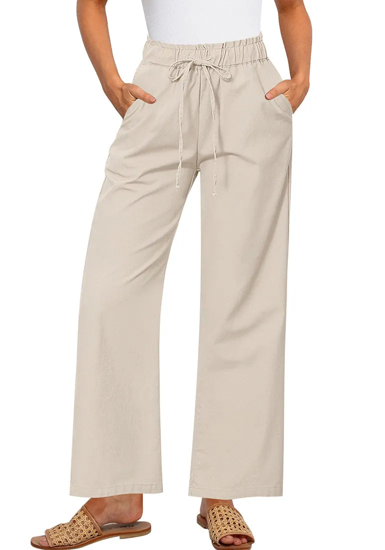 Light Khaki Women's Comfortable Cool-Touch Drawstring Full-Length Lightweight Wide Leg Trousers