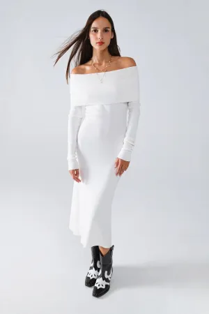 Maxi Knitted Foldover Badot Dress in White