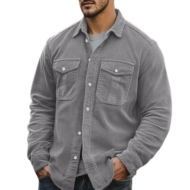 Men's Casual Corduroy Lapel Flap Pocket Loose Long Sleeve Shirt 00973197M