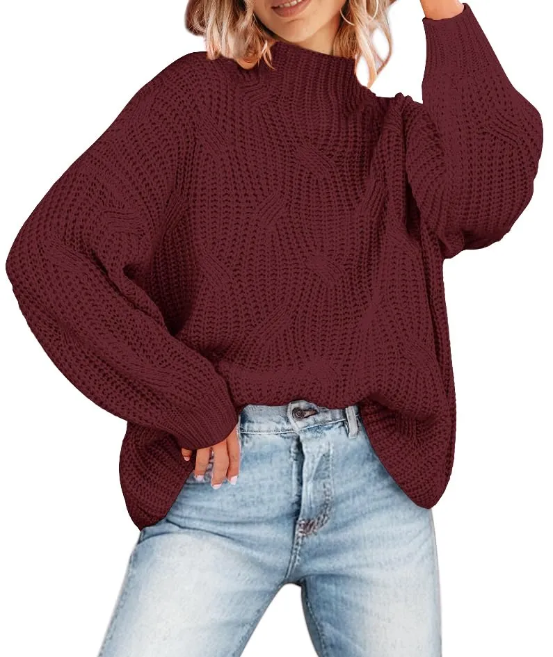 MEROKEETY Long Sleeve Mock Neck Oversized Chunky Sweater