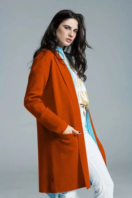 Oversized Collar Maxi Cardigan In Orange