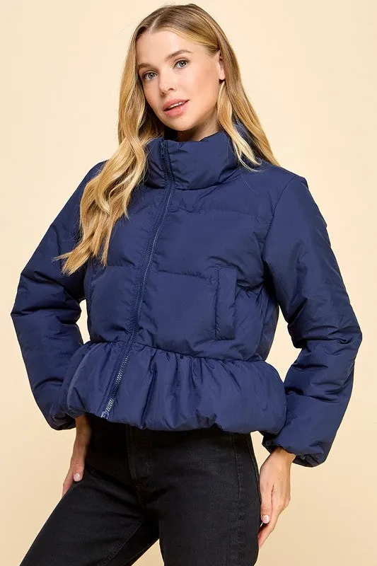 Peplum Bubbled Hem Puffer Jacket