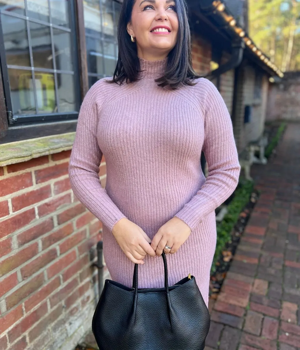 Pink Ribbed Knitted Funnel Neck Dress