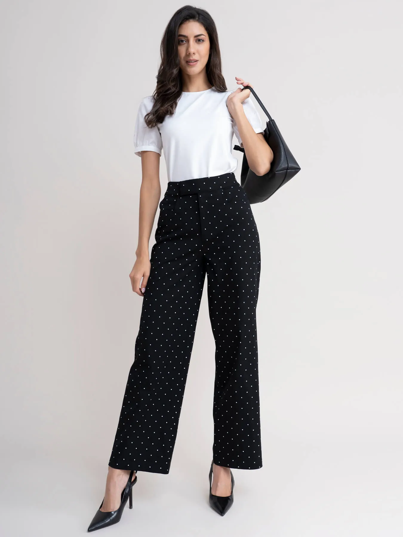 Polka Dot Wide Leg Trousers - Black