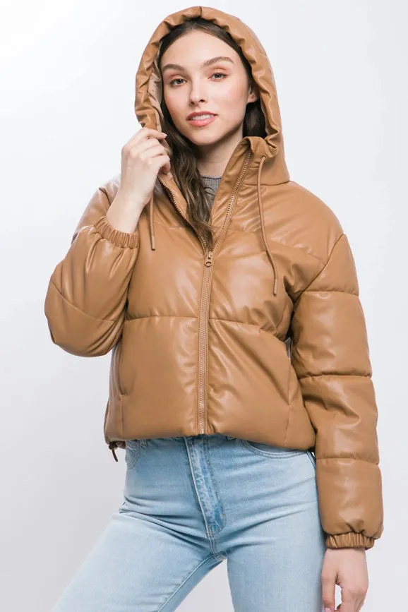 Puffer Leather Jacket CAMEL