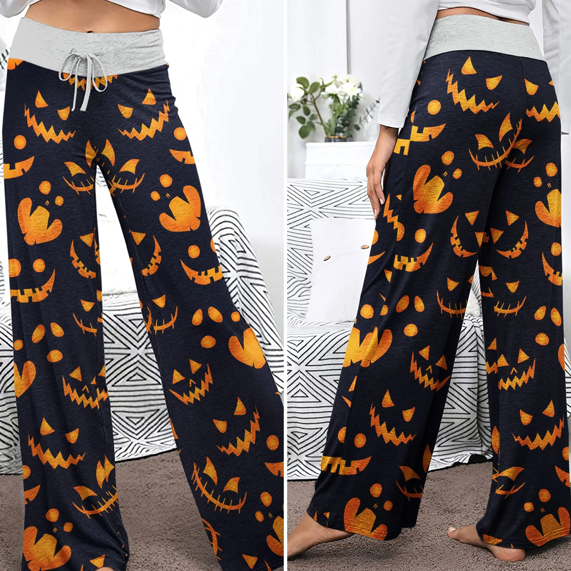 Scary Halloween Pattern Women's High-waisted Wide Leg Pants