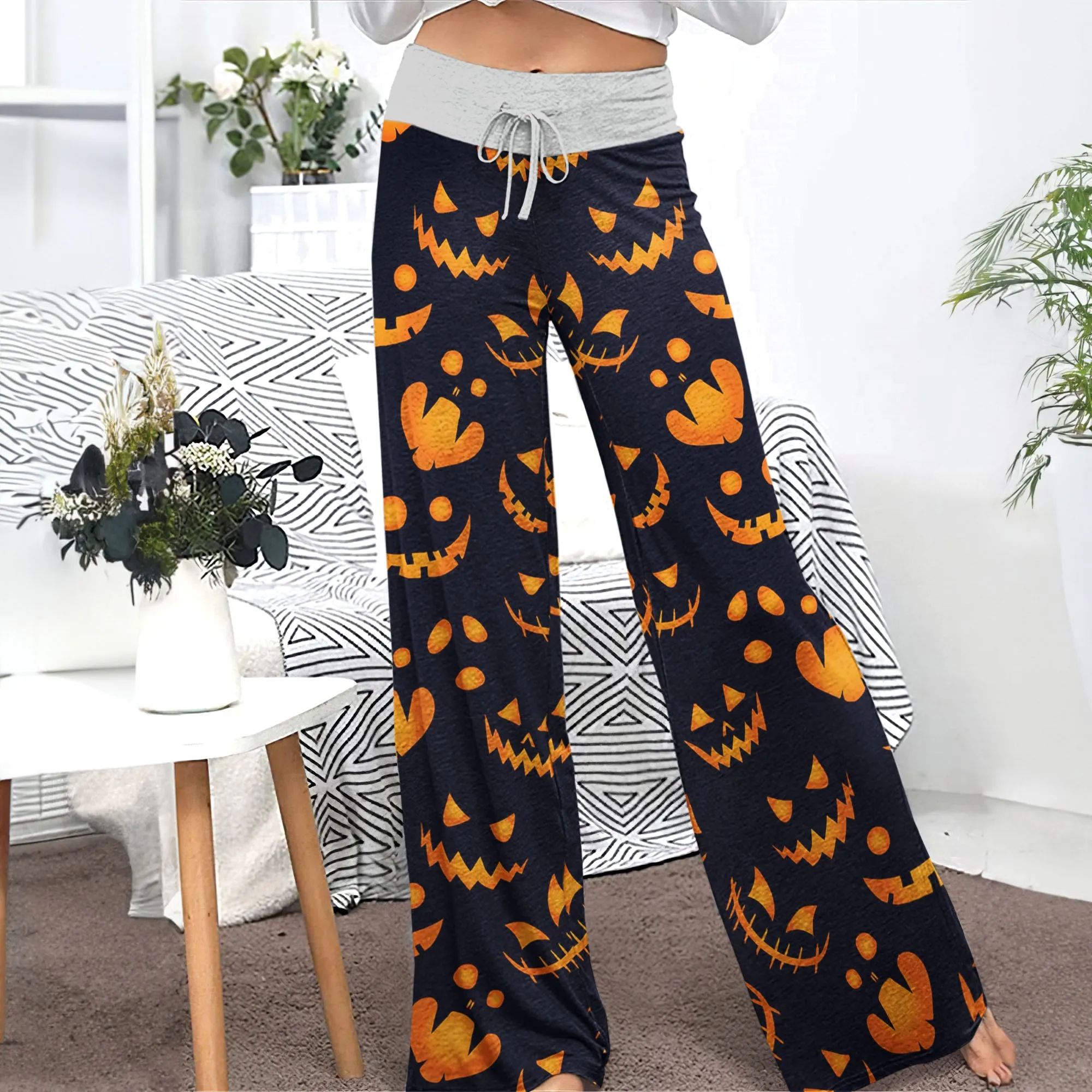 Scary Halloween Pattern Women's High-waisted Wide Leg Pants